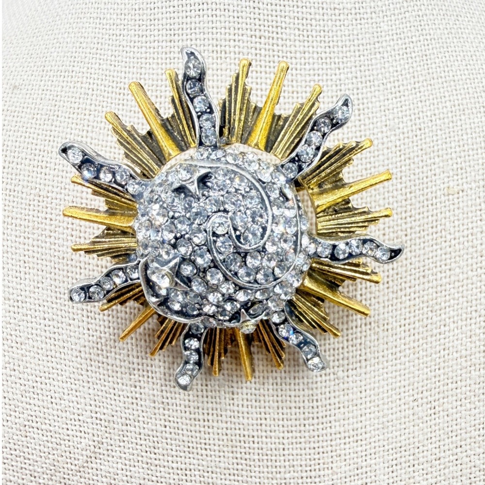 Celestial Sun Moon Stars Rhinestone Brooch Silver Gold Tone 1.75 Inch